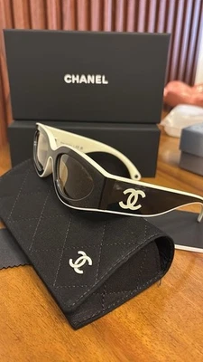CHANEL Black & White Irregular Cat Eye Sunglasses New In Box - image 1 of 3