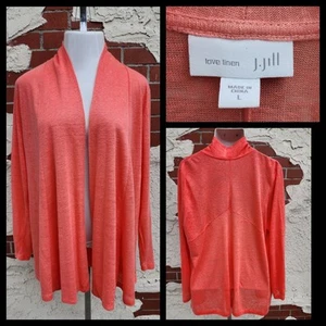 LARGE women J. Jill Love Linen Cardigan Coral Open Front Long Sleeve Lightweight - Picture 1 of 21