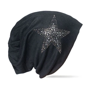 Strick Beanie Mütze Stern Feinstrick Wintermütze mit Strass Slouch Uni Schwarz - Bild 1 von 4