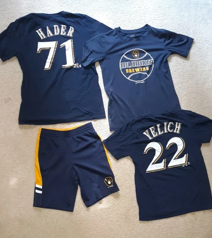 Milwaukee Brewers T-shirt & Shorts Lot Youth Size L 10-12 + XL 18 Hader Yelich Cover