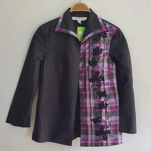 Marisa Baratelli Open Front Silk Jacket 6 Black Plaid Blocked Applique Academia - Picture 1 of 17