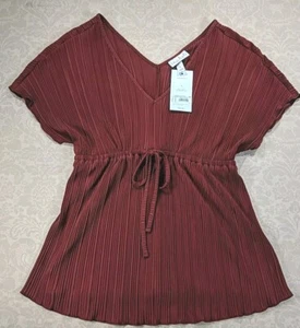 ISABEL Women's Maturnity Blouse sz S Red V-Neck Tie Waist Cap Slv Ribbed Fab NWT - Picture 1 of 16