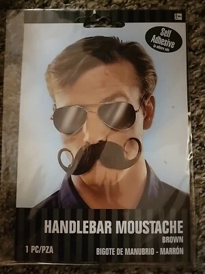 Handlebar Moustache Brown Cowboy Fancy Dress Halloween Adult Costume Accessory - Image 1 of 4