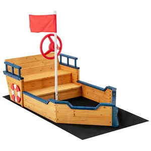 Kids Pirate Boat Wooden Sandbox Non-Woven Fabric Liner Children Outdoor Playset - Picture 1 of 8