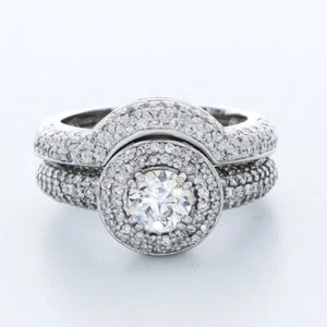 JUEGO DE ANILLOS HALO PIEDRA LATERAL ORO BLANCO 14K CORTE REDONDO H/VS2 DIAMANTE NATURAL 3,4 QUILATES - Imagen 1 de 7