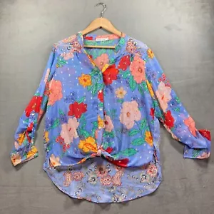 Fig and Flower Popover Blouse Plus Sz L Blue Floral Sheer 3/4 Sleeve Notch Neck - Picture 1 of 7