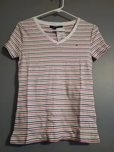 Tommy Hilfiger Women's Shirt v neck Short Sleeve White Gray Navy Red Stripe - Picture 1 of 3