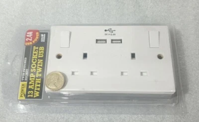 2 Gang Switched 5V USB Plug Sockets White Plastic UK Electrical 13 Amp POWER PRO - Image 1 of 3