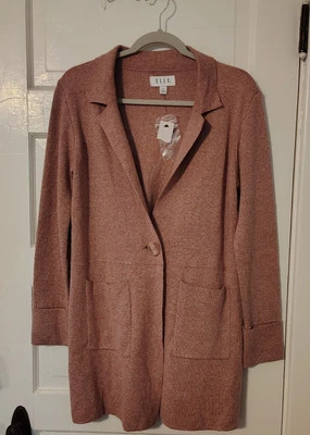 New Elle Long Cardigan Pink Collared Pockets Women's Size Medium  - Image 1 of 4