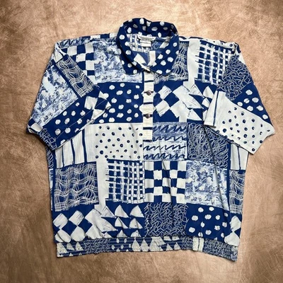 Vintage 80s Peter Popovitch Geometric Patchwork Polo Shirt Elastic Waist Blue - Image 1 of 4