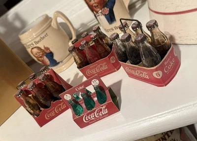 (4) Трудно найти оригинальные миниатюрные переноски Coca Cola упаковка 6 шт. со стеклянными бутылками 1940-е - Изображение 1 из 4