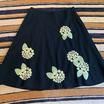 Falda midi vintage negra B. Moss bordada floral hortensia talla 10 mezcla de lino Foto 1 de 4