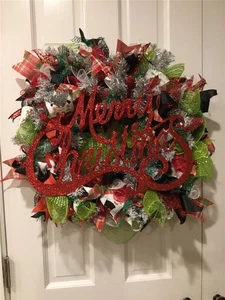 DOOR WREATH MERRY CHRISTMAS LITES UP HANDMADE DECORATION SILVER BASE - Picture 1 of 7