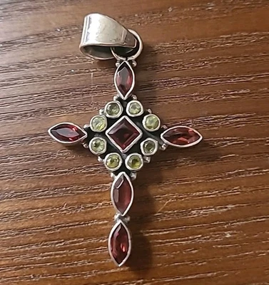 Sterling Silver Cross Pendant natural garnet and peridot...925 Silver Religious  - Image 1 of 4
