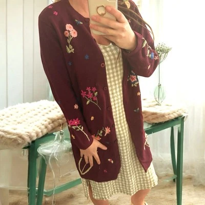 Vintage Embroidered Long Cardigan Knit Floral Maroon Size Small - Image 1 of 4