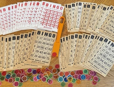 Vintage 48 Milton Bradley & 17 Pressman Bingo Cards, 135+ Markers & Magnet Wand - Image 1 of 4