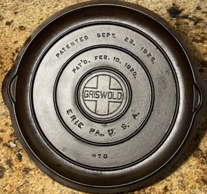 Vintage Griswold #10 Selbstbrädern Gusseisen Pfanne Deckel 470 Erie Pat.2-10-1920 &1925 - Bild 1 von 13