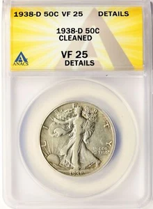 1938-D 50c Walking Liberty mezzo dollaro ANACS in perfette condizioni 25 dettagli puliti - Foto 1 di 4