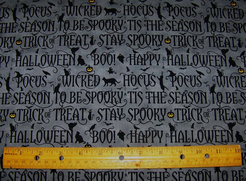 1 yd Hoffman BLACK HALLOWEEN WORDS on CHARCOAL 100% Cotton Fabric SPOOKY WICKED - Image 1 of 1