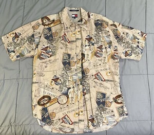 Vintage Tommy Hilfiger Button Up Short Sleeve Shirt Men Size XXL Hotel AOP Beige - Picture 1 of 13