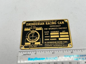 Vintage Iskenderian Racing Cam Brass Hot Rod Tag / Plaque - 2" x 3" - Picture 1 of 5