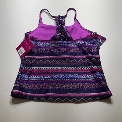 SO Tankini Top Mujer Talla 10 Púrpura Estampado Geométrico Volantes Escalera Espalda Traje de Baño Foto 1 de 4