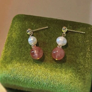 18K Gold Plated 4mm Natural Pearl 8mm AAA Strawberry Quartz Earrings - Picture 1 of 4