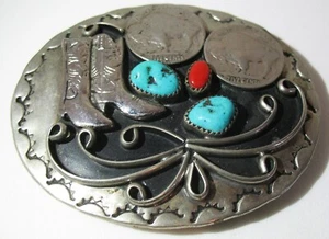 Vtg Squaw Wrap Belt Buckle w Turquoise Coral Boots + 2 Buffalo Nickels Read - Picture 1 of 4