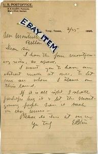 Membrete 1896 R. B. ELLIOTT Postmaster Troy Texas Post Office E. ROTAN postal - Imagen 1 de 1