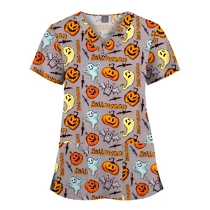 Unisex Printed Scrub Tops Women Men Medical Nursing V-Neck Short Sleeve Shirt - Picture 1 of 72