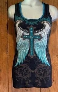 new VOCAL western tank top SEXY BLACK TEAL SM-3XL CROSS RHINESTONES wings MOTO - Picture 1 of 7