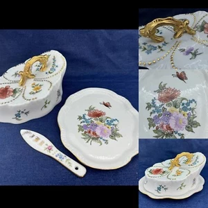 VTG Rare Covered Dish & Knife Set Hand Painted Floral Signed Porcelain Ornate - Picture 1 of 21