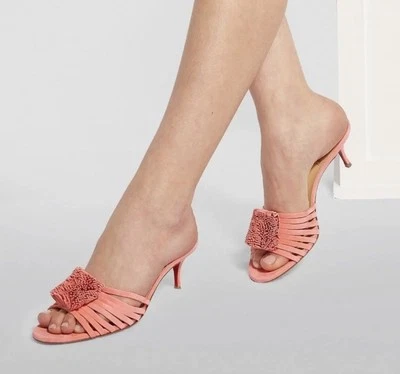 Sandalias Christian Louboutin Rosa Gamuza Flecos Tacón Gatito Tirantes 38 $795 Slides Foto 1 de 4