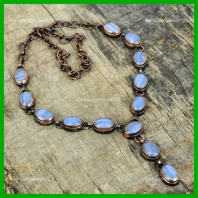 Collar de cadena ajustable de cobre electroformado con piedras preciosas de ágata de encaje azul Foto 1 de 4