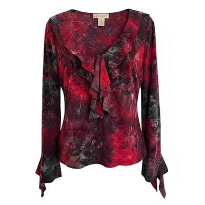 Vintage Velvet Burnout Ruffle Blouse Sz L Gothic Siren Vamp Grunge Fairy Witchy - Image 1 of 4