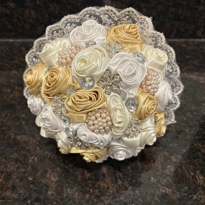 White and Ivory Satin Roses Brooch Wedding Bouquet For Bride💛🤍👑 - Image 1 of 4