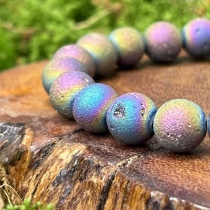 Titanium Aura Druzy Sphalerite 8.5mm Genuine Crystal Bracelet - Crystals - UK Sh - Picture 1 of 7