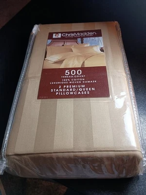 CHRIS MADDEN Gold WOVEN DAMASK STRIPE 2 QUEEN PILLOWCASES 21X32 (500 Thread Ct) - Image 1 of 4