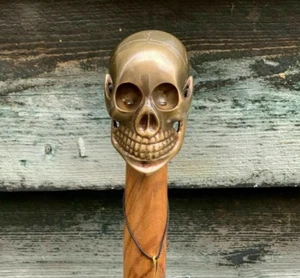 Antique Style Brass Skull Head Handle Designer Wooden Walking Stick Shaft Canes - Picture 1 of 5