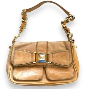 Betsey Johnson Y2K tan leather shoulder bag rockabilly bow silver zipper chunky - Picture 1 of 12