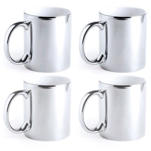 Confezione 4 Tazzine Caffè Ceramica Argento Metallizzato Tazzine Tè 350 ml Regalo Natale UK - Foto 1 di 4