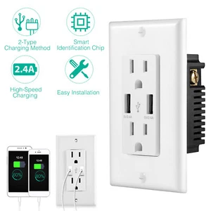 110V 15A Dual USB Port Wall Socket Charger AC Power Receptacle Outlet Panel - Picture 1 of 14
