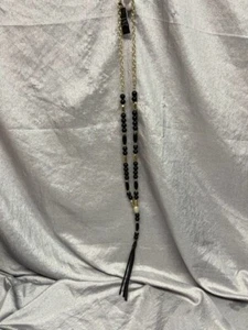 I.N.C. 23" BLACK BEADS & CRYSTALS LARIAT NECKLACE WITH BLACK LEATHER TASSEL -NEW - Picture 1 of 3