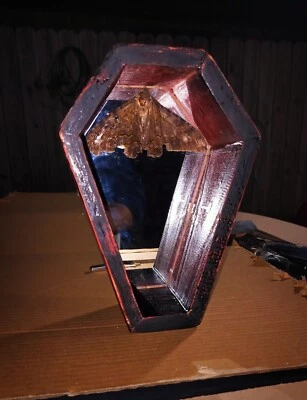 Black Widow Coffin Co. 9" hermoso espejo ataúd con polilla bruja negra montada Foto 1 de 4