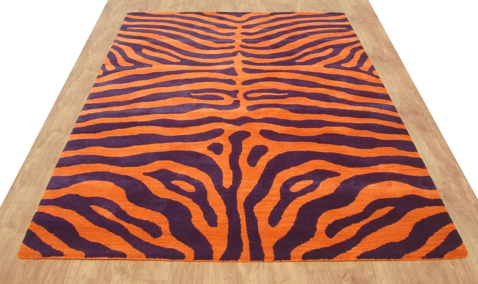 Zebra Orange Purple Modern Handmade Hand-Tufted 100% Wool Area Rug Carpet - Image 1 of 4