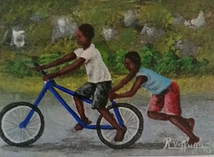 Original Haiti Gemälde KINDER SPIELEN Acryl auf Karton von Auguste 5"x 7" NEU - Bild 1 von 5