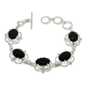 Black Spinel Gemstone Handmade 925 Sterling Silver Jewelry Bracelet Size 7-8" - Picture 1 of 1