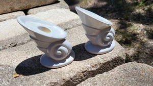 Set Of Gonder Pottery Seashell Marbled Blue And Gray Candleholders 552 USA - Picture 1 of 9
