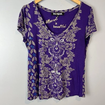 Camiseta Desigual Púrpura Cuello en V Para Mujer Talla Mediana Lentejuelas Metálicas Informal Foto 1 de 4