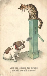 Bomba de agua Cat & Bulldog buscando problemas o podemos hablar cómic postal de 1913 - Imagen 1 de 2